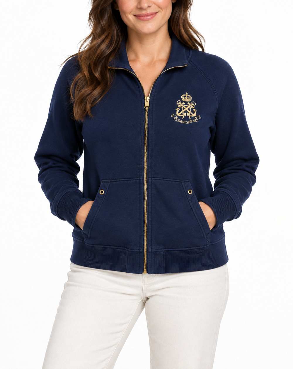 Lauren Jeans Co Ralph Lauren Navy Gold Crest Full Zip Est Sz L Sweatshirt Jacket